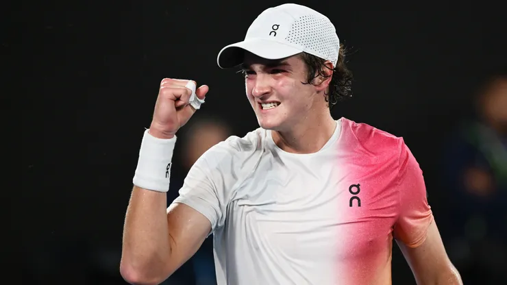Joao Fonseca of Brazil celebrates a point against Andrey Rublev in the Men's Singles First Round match during the 2025 Australian Open.