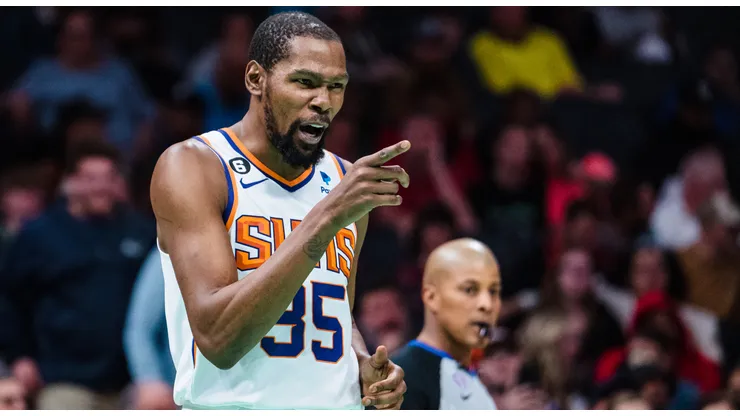 Kevin Durant #35 of the Phoenix Suns reacts in the second quarter during their game against the Charlotte Hornets at Spectrum Center on March 01, 2023 in Charlotte, North Carolina.
