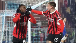 Rafael Leao of AC Milan celebrates with his team-mate Francesco Camarda