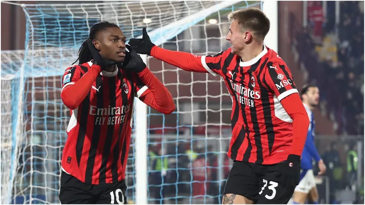 Rafael Leao of AC Milan celebrates with his team-mate Francesco Camarda