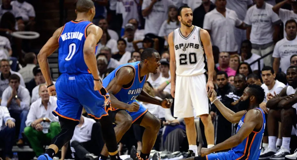Kevin Durant and Russell Westbrook react after a play by James Harden of the Thunder as Manu Ginobili of the Spurs looks on in the Western Conference Finals of the 2012 NBA Playoffs.
