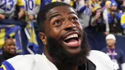 Jared Verse #8 of the Los Angeles Rams celebrates after beating the Seattle Seahawks 26-20 in overtime at Lumen Field on November 03, 2024 in Seattle, Washington.