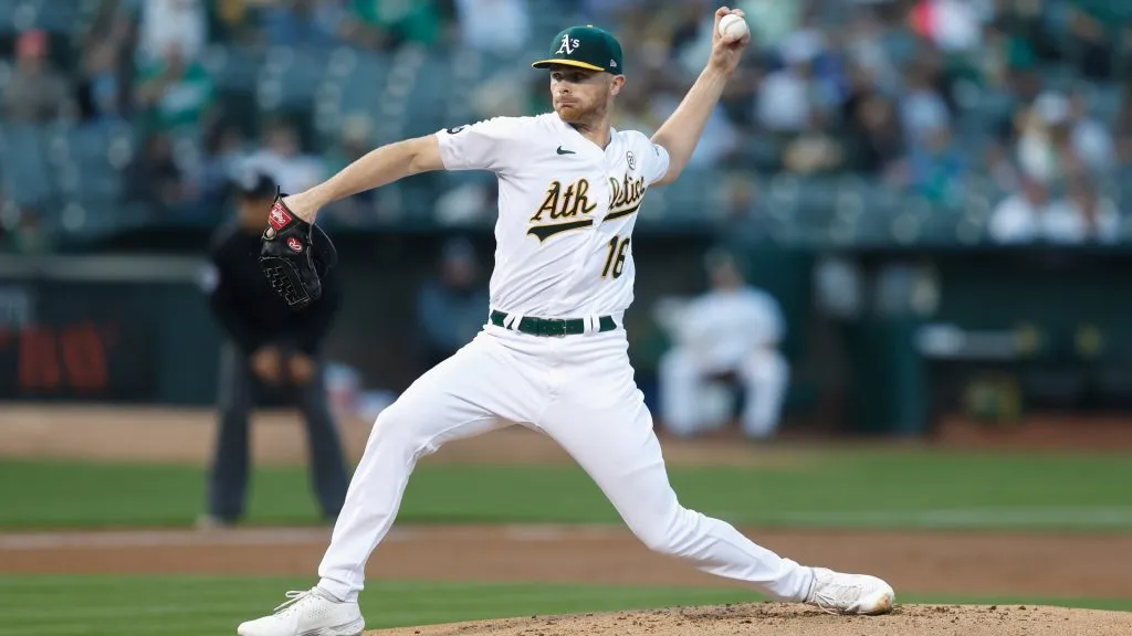 Sean Newcomb #16 of the Oakland Athletics pitches in the top of the first inning against the San Diego Padres at RingCentral Coliseum on September 15, 2023 in Oakland, California. (Photo by Lachlan Cunningham/Getty Images)