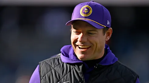 Head coach Kevin O'Connell of the Minnesota Vikings is seen on the field during warmups prior to a game against the Chicago Bears at Soldier Field on November 24, 2024 in Chicago, Illinois.