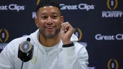 Head coach Marcus Freeman of the Notre Dame Fighting Irish speaks to the media during the Notre Dame Fighting Irish media day at the Georgia World Congress Center prior to the 2025 CFP National Championship between the Ohio State Buckeyes and Notre Dame Fighting Irish on January 18, 2025 in Atlanta, Georgia.