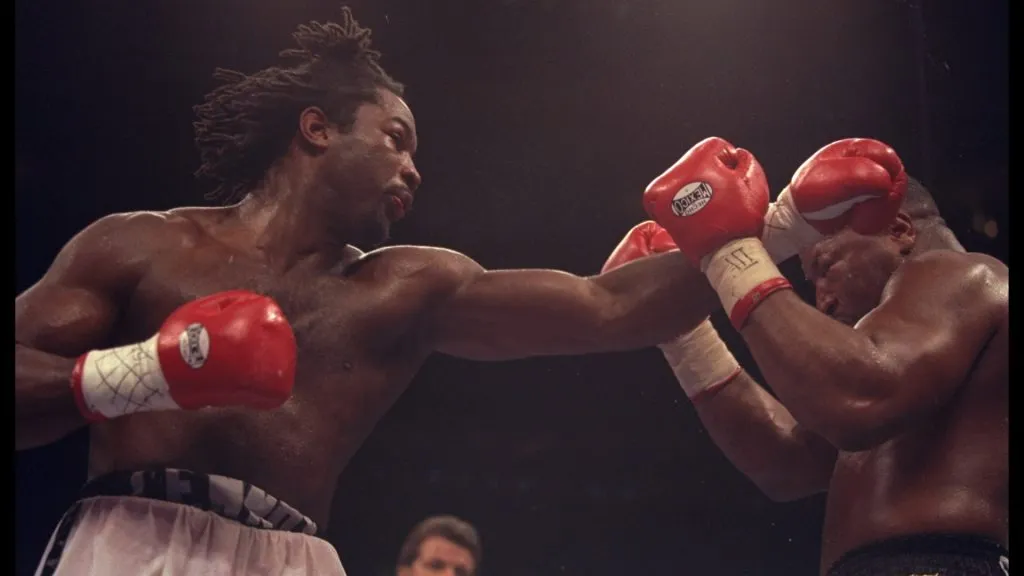 10 May 1996: Lennox Lewis lands a blow on Ray Mercer during a bout at Madison Square Garden in New York, New York. Lewis won the fight with a decision in the tenth round. Mandatory Credit: Simon Bruty /Allsport