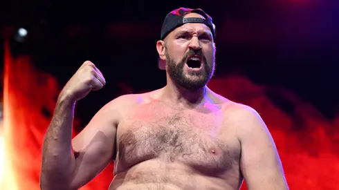 Tyson Fury reacts during a Tyson Fury v Francis Ngannou Press Conference at HERE on September 07, 2023 in London, England.