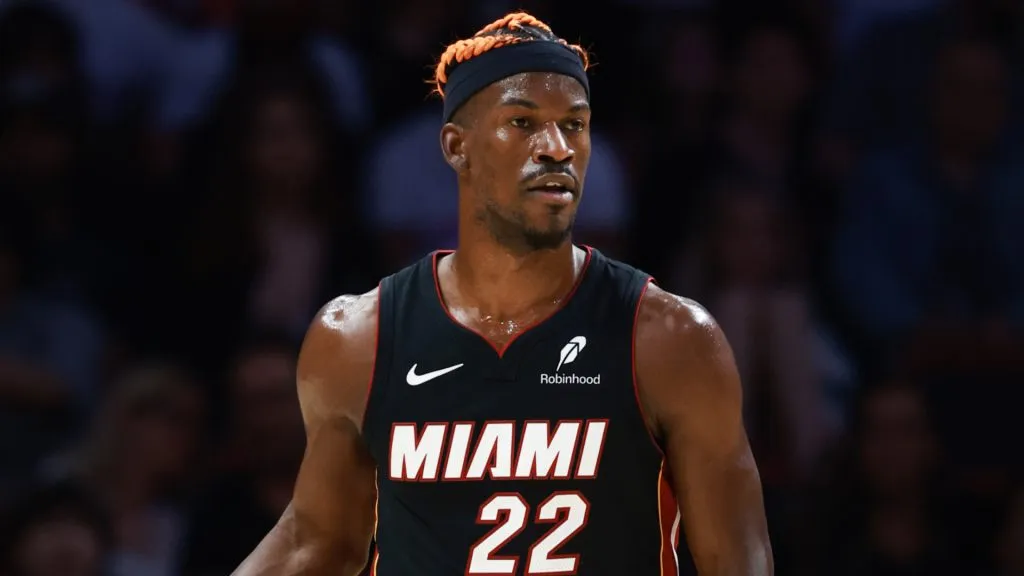 Jimmy Butler #22 of the Miami Heat controls the ball against the Oklahoma City Thunder during the first half at Kaseya Center.