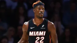 Jimmy Butler #22 of the Miami Heat controls the ball against the Oklahoma City Thunder during the first half at Kaseya Center.