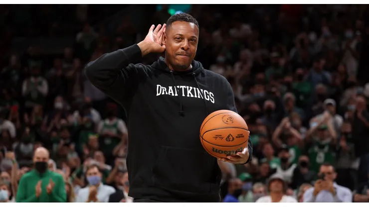 Former member of the Boston Celtics Paul Pierce is introduced before the Celtics home opener at TD Garden on October 22, 2021.