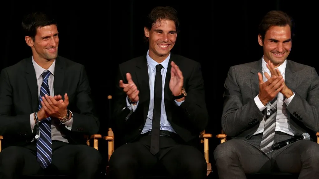 Novak Djokovic of Serbia; Rafael Nadal of Spain and Roger Federer of Switzerland on stage during the ATP Heritage Celebration. (Matthew Stockman/Getty Images)