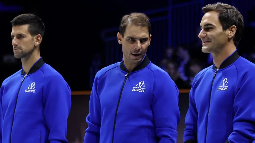 Novak Djokovic, Rafael Nadal and Roger Federer of Team Europe line up during Day One of the Laver Cup. (Clive Brunskill/Getty Images for Laver Cup)