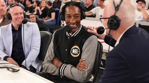 Scottie Pippen joins broadcast commentary with Andrew Gaze during the round one NBL match between Melbourne United and South East Melbourne Phoenix at John Cain Arena, on September 28, 2023, in Melbourne, Australia.