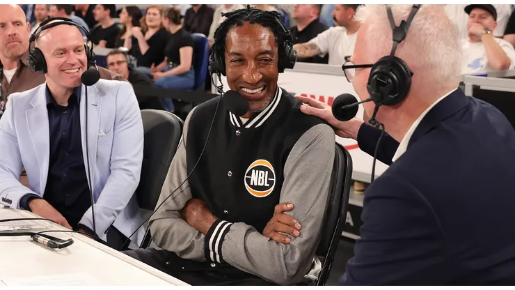 Scottie Pippen joins broadcast commentary with Andrew Gaze during the round one NBL match between Melbourne United and South East Melbourne Phoenix at John Cain Arena, on September 28, 2023, in Melbourne, Australia.