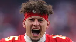 Patrick Mahomes #15 of the Kansas City Chiefs reacts prior to the AFC Divisional Playoff against the Houston Texans at GEHA Field at Arrowhead Stadium on January 18, 2025 in Kansas City, Missouri.