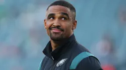 Jalen Hurts #1 of the Philadelphia Eagles looks on prior to the preseason game against the Cleveland Browns at Lincoln Financial Field on August 17, 2023 in Philadelphia, Pennsylvania.