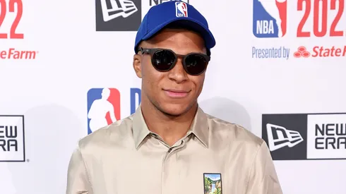 Kylian Mbappe poses for photos on the red carpet during the 2022 NBA Draft at Barclays Center on June 23, 2022 in New York City.