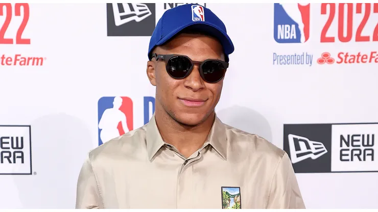 Kylian Mbappe poses for photos on the red carpet during the 2022 NBA Draft at Barclays Center on June 23, 2022 in New York City.