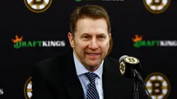 Boston Bruins interim head coach Joe Sacco smiles at his news conference following their 1-0 win over the Utah Hockey Club at TD Garden on November 21, 2024 in Boston, Massachusetts.
