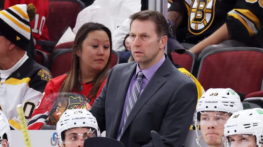 Interim Head Coach Joe Sacco of the Boston Bruins looks on against the Chicago Blackhawks during the third period at the United Center on December 04, 2024 in Chicago, Illinois.