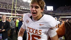 Arch Manning #16 of the Texas Longhorns reacts after defeating the Texas A&M Aggies 17-7 at Kyle Field on November 30, 2024 in College Station, Texas.