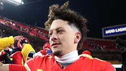 Patrick Mahomes #15 of the Kansas City Chiefs celebrates with fans after defeating the Houston Texans in the AFC Divisional Playoff at GEHA Field at Arrowhead Stadium on January 18, 2025 in Kansas City, Missouri.