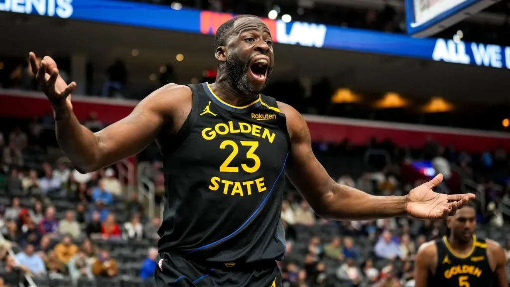 Draymond Green #23 of the Golden State Warriors reacts against the Detroit Pistons during the fourth quarter at Little Caesars Arena. (Nic Antaya/Getty Images)