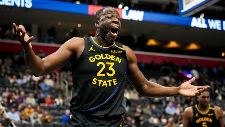 Draymond Green #23 of the Golden State Warriors reacts against the Detroit Pistons during the fourth quarter at Little Caesars Arena on January 09, 2025 in Detroit, Michigan.