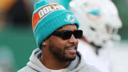 Tua Tagovailoa #1 of the Miami Dolphins looks on before the game against the New York Jets at MetLife Stadium on January 05, 2025 in East Rutherford, New Jersey.