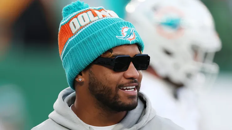 Tua Tagovailoa #1 of the Miami Dolphins looks on before the game against the New York Jets at MetLife Stadium on January 05, 2025 in East Rutherford, New Jersey.