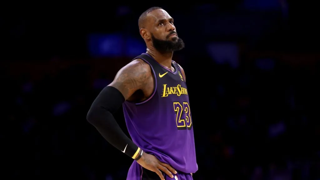 LeBron James #23 of the Los Angeles Lakers looks on against the San Antonio Spurs during the fourth quarter at Crypto.com Arena.