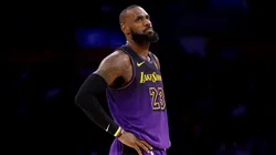 LeBron James #23 of the Los Angeles Lakers looks on against the San Antonio Spurs during the fourth quarter at Crypto.com Arena.