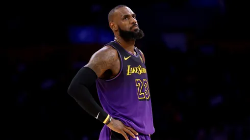 LeBron James #23 of the Los Angeles Lakers looks on against the San Antonio Spurs during the fourth quarter at Crypto.com Arena.