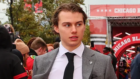 Connor Bedard #98 of the Chicago Blackhawks arrives to the red carpet