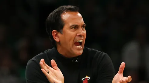Head coach Erik Spoelstra of the Miami Heat watches action during game one of the Eastern Conference Finals