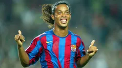 Ronaldinho of FC Barcelona celebrates his goal during the La Liga match between FC Barcelona and Real Sociedad, on October 30, 2005 at the Camp Nou stadium in Barcelona, Spain.