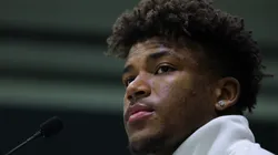 Caleb Downs #2 of the Ohio State Buckeyes speaks to the media during the Ohio State Buckeyes media day at the Georgia World Congress Center prior to the 2025 CFP National Championship between the Ohio State Buckeyes and Notre Dame Fighting Irish on January 18, 2025 in Atlanta, Georgia.
