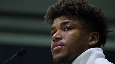 Caleb Downs #2 of the Ohio State Buckeyes speaks to the media during the Ohio State Buckeyes media day at the Georgia World Congress Center prior to the 2025 CFP National Championship between the Ohio State Buckeyes and Notre Dame Fighting Irish on January 18, 2025 in Atlanta, Georgia.