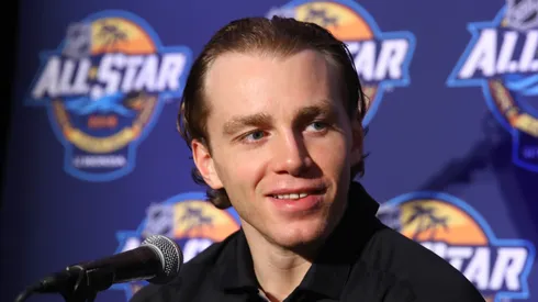 Patrick Kane #88 of the Chicago Blackhawks addresses the media during Media Day for the 2018 NHL All-Star at the Grand Hyatt Hotel on January 27, 2018 in Tampa, Florida.