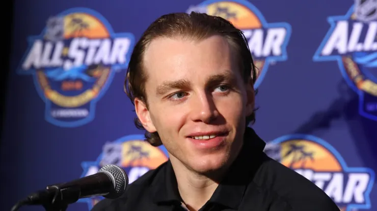 Patrick Kane #88 of the Chicago Blackhawks addresses the media during Media Day for the 2018 NHL All-Star at the Grand Hyatt Hotel on January 27, 2018 in Tampa, Florida.