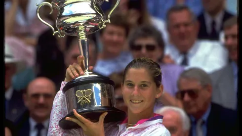 Monica Seles with the 1991 Australian Open trophy