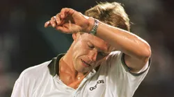 Stefan Edberg of Sweden takes a moment during his match versus Goran Ivanisevic of Croatia at the US Open.