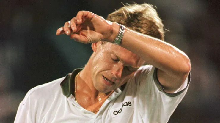 Stefan Edberg of Sweden takes a moment during his match versus Goran Ivanisevic of Croatia at the US Open.