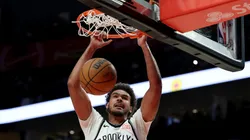 Cameron Johnson #2 of the Brooklyn Nets dunks during the second half against the Portland Trail Blazers at Moda Center on January 14, 2025 in Portland, Oregon.