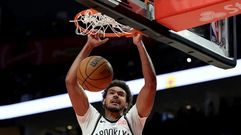Cameron Johnson #2 of the Brooklyn Nets dunks during the second half against the Portland Trail Blazers at Moda Center on January 14, 2025 in Portland, Oregon.
