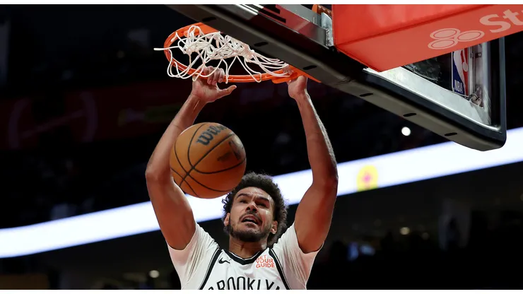 Cameron Johnson #2 of the Brooklyn Nets dunks during the second half against the Portland Trail Blazers at Moda Center on January 14, 2025 in Portland, Oregon.