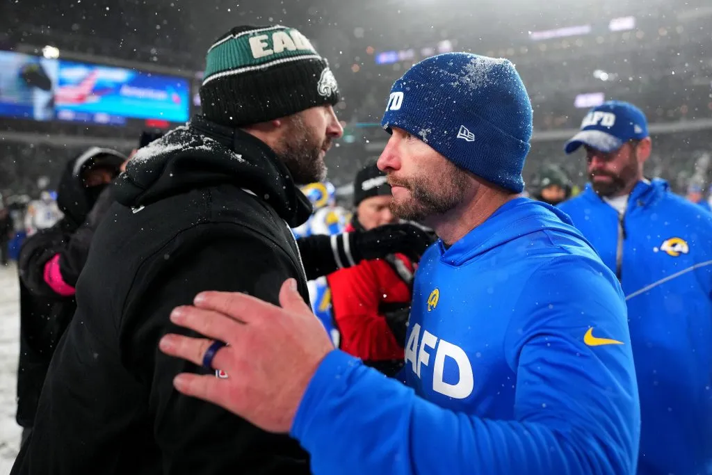 Head coach Nick Sirianni of the Philadelphia Eagles shakes hands with Head coach Sean McVay of the Los Angeles Rams