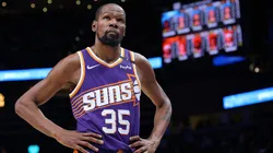 Kevin Durant #35 of the Phoenix Suns reacts in the final seconds of their 122-117 loss to the Atlanta Hawks at State Farm Arena.