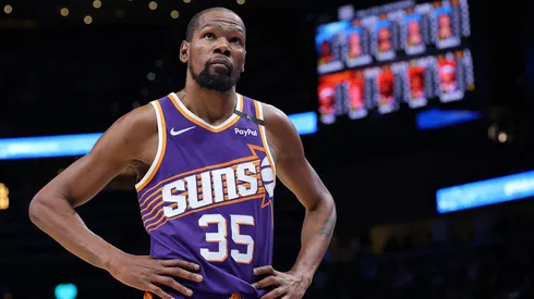 Kevin Durant #35 of the Phoenix Suns reacts in the final seconds of their 122-117 loss to the Atlanta Hawks at State Farm Arena.