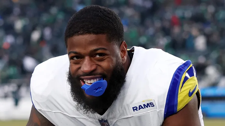 Jared Verse #8 of the Los Angeles Rams warms up before the game against the Philadelphia Eagles during the NFC Divisional Playoff at Lincoln Financial Field on January 19, 2025 in Philadelphia, Pennsylvania.